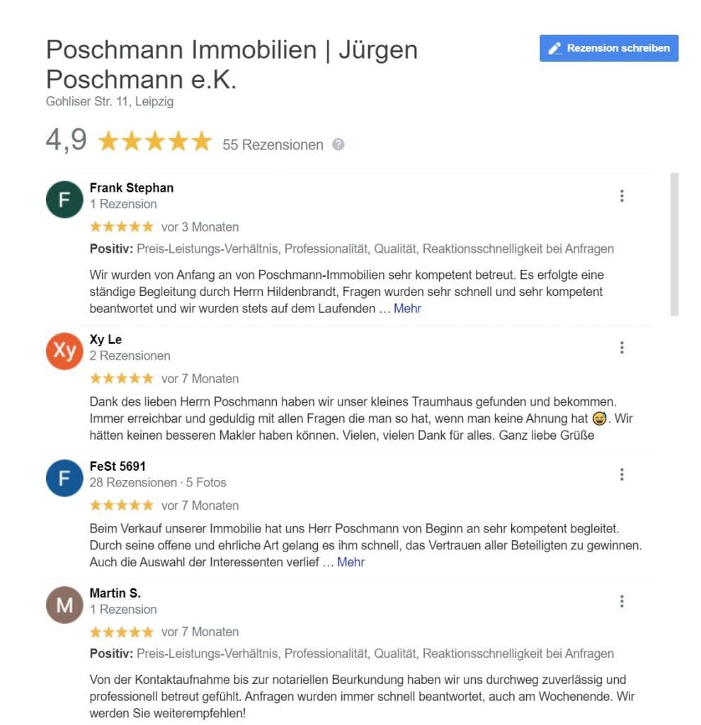 Google Bewertungen Poschmann Immobilien vom August 2021